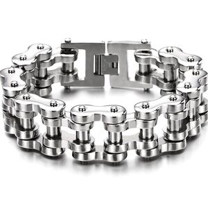 Heavy Stainless Steel Motorcycle Chain Bracelet – Silver, 9” Polished Link